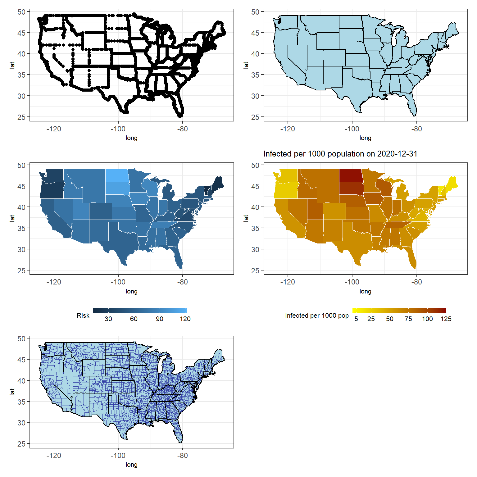 Various US maps (see the book webpage for the colored version). Top left: basic  map with dotted state boundaries. Top right: with colored state areas. Middle left: with colored state areas according to infected per thousand population. Middle right: with colored state areas and limits on the values. Bottom left: with colored state areas and county boundaries.