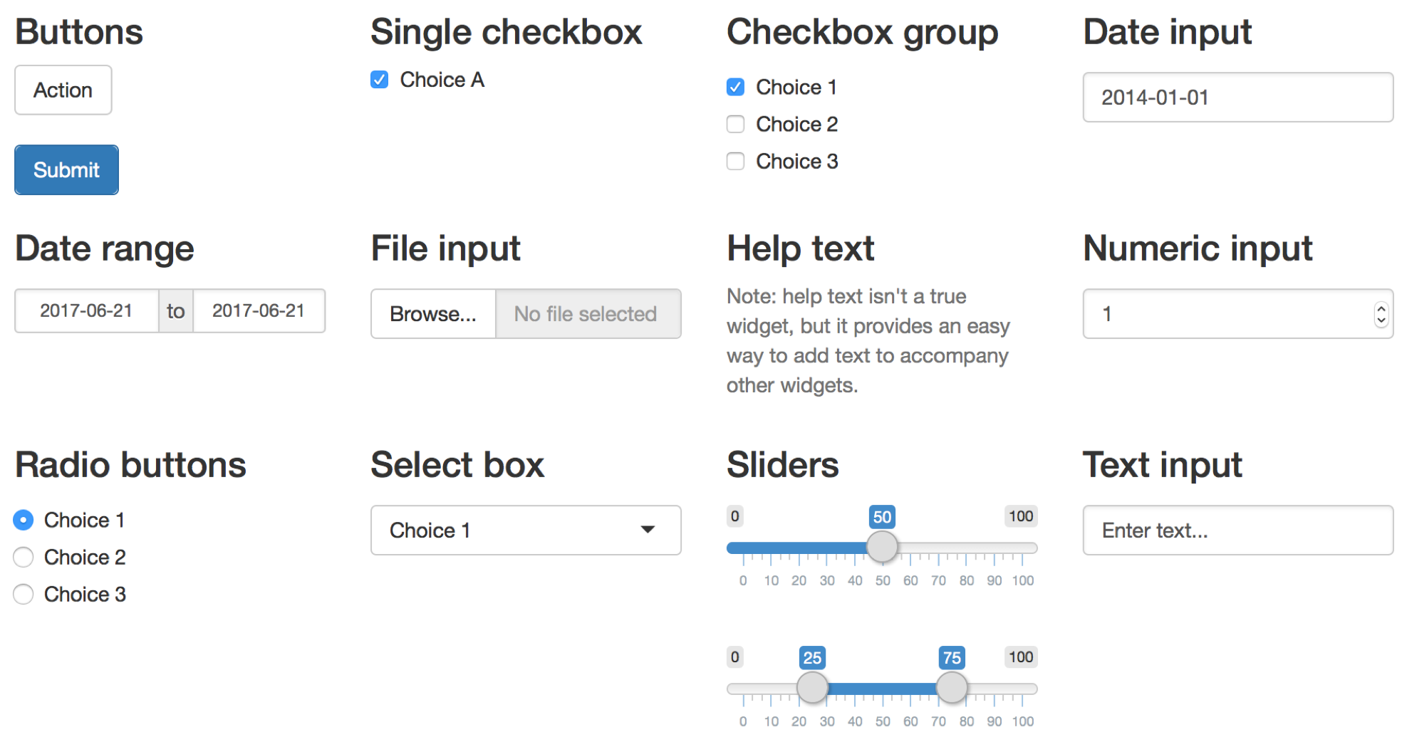 The basic input widgets. See the widgets section in https://shiny.rstudio.com/gallery/ for more examples.