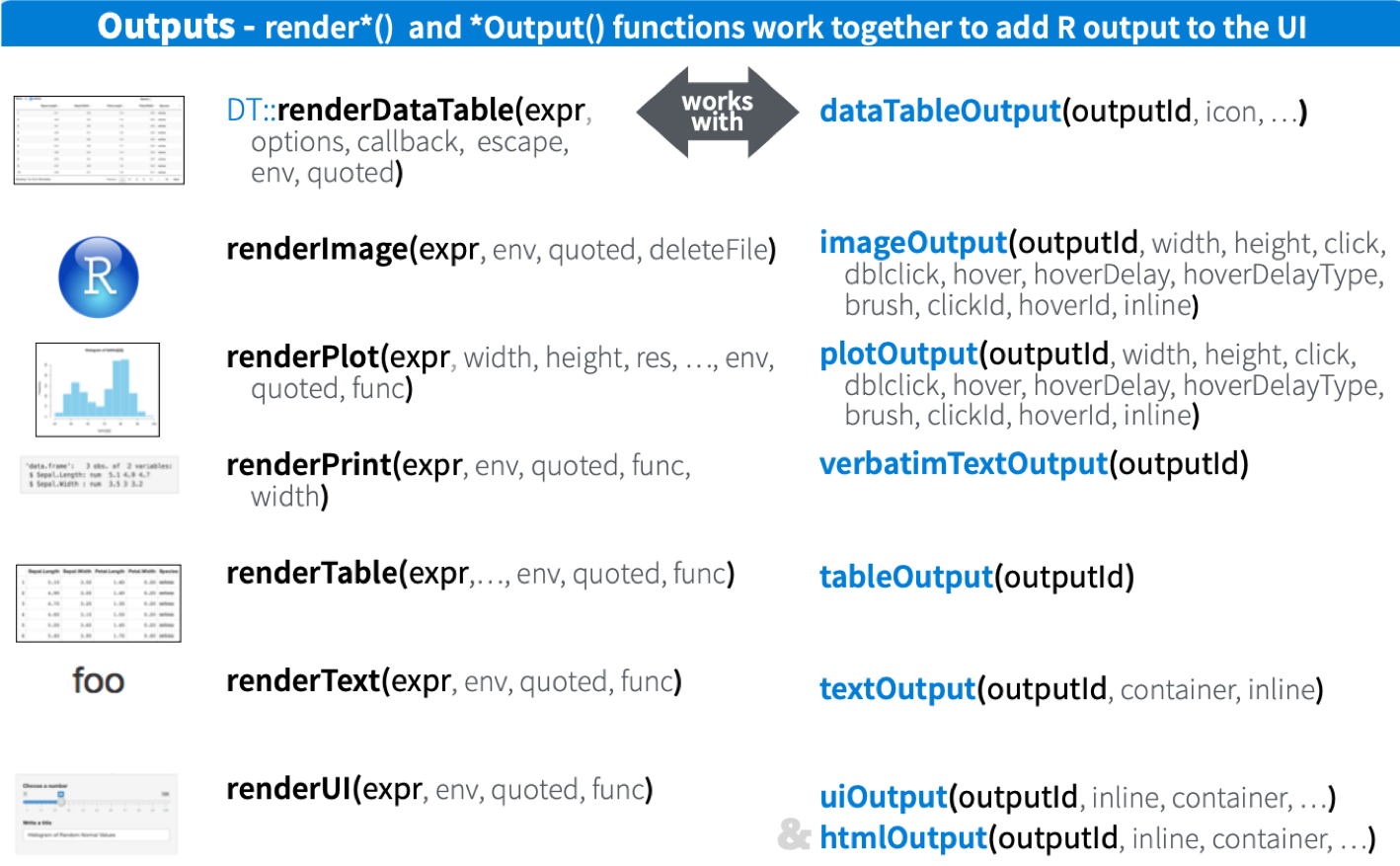 The basic output widgets. Source: https://shiny.rstudio.com/images/shiny-cheatsheet.pdf.