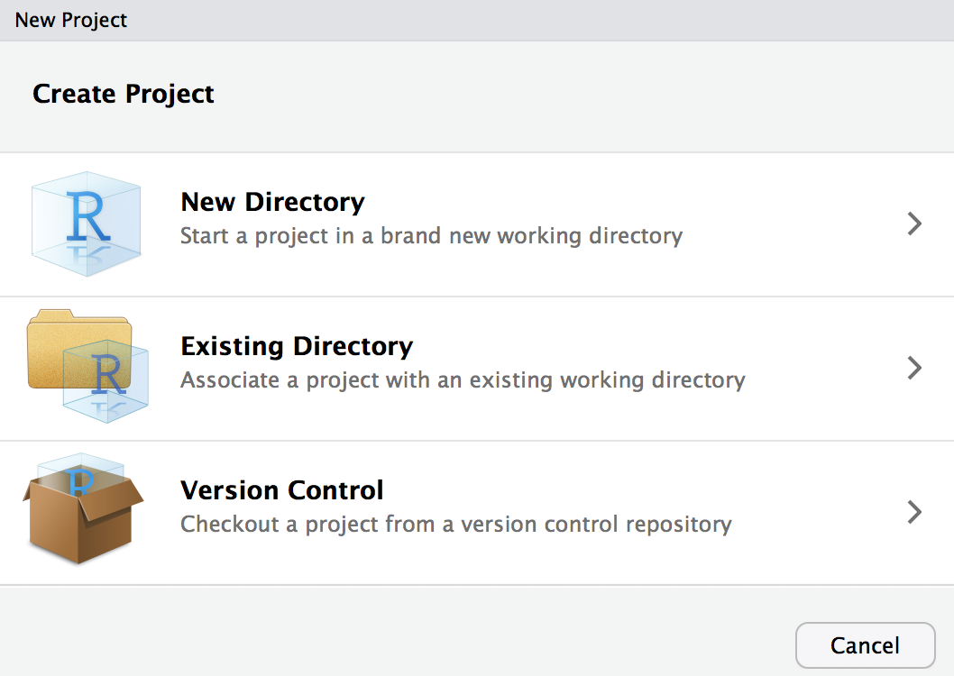 Interface for creating a project in R.